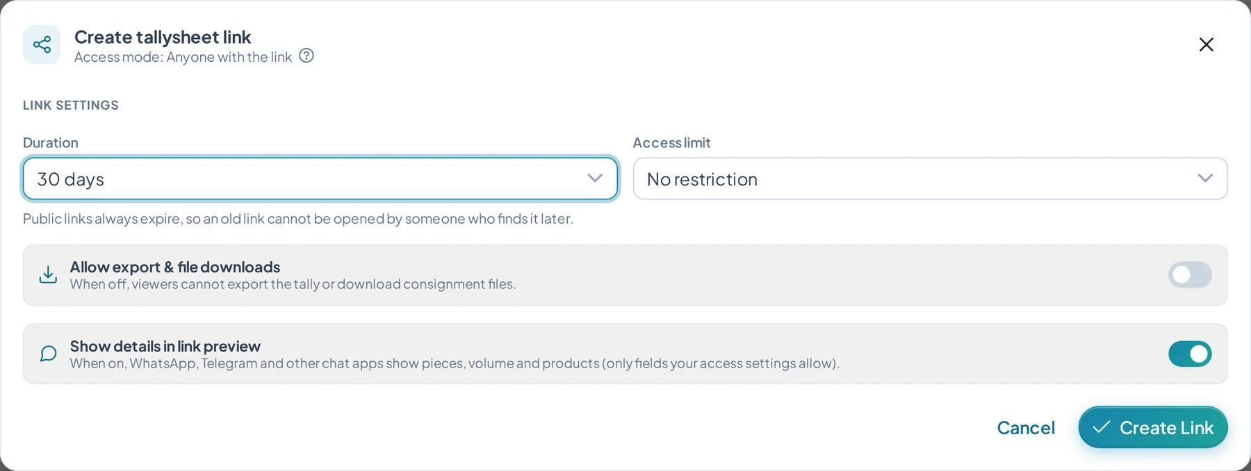 Create tallysheet link dialog: duration, access limit, allow downloads and link preview settings